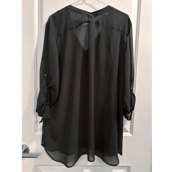 Women's Le Chateau Button Tab Sleeve Sheer dark gray Tunic Blouse Shirt - Picture 5 of 12